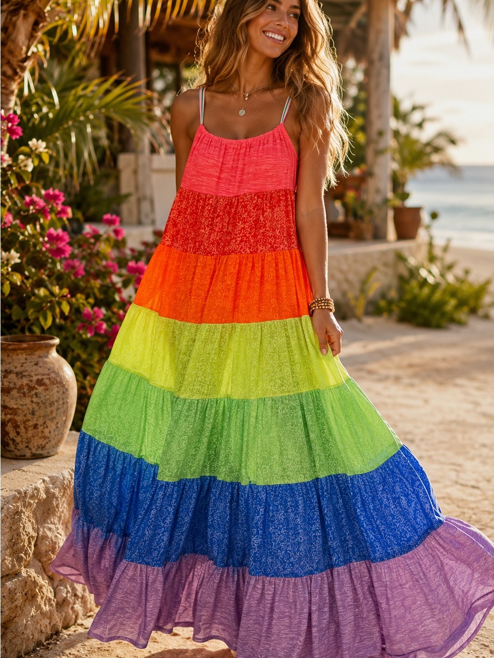 Pitusa Rainbow Tiered Maxi Dress Standard Colorblock Boho Resort Beach Dress